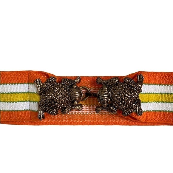 Vintage Accessories - Vintage Statement Brass-tone Double Frog Hook Closure Stretch Waist Belt Small